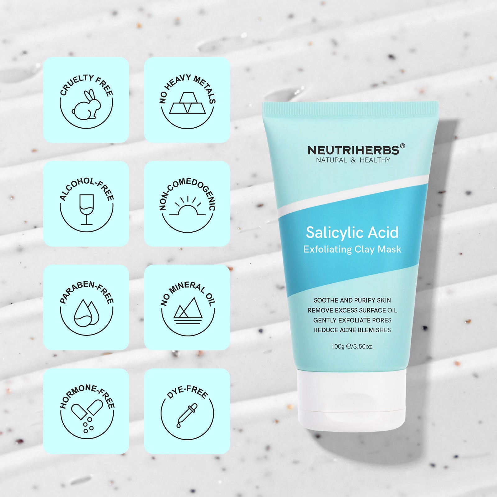 The Neutriherbs Salicylic Acid Exfoliating Clay Mask is a natural and healthy skincare product that is cruelty-free, free from heavy metals, alcohol, parabens, mineral oil, hormones, dyes, and is non-comedogenic.