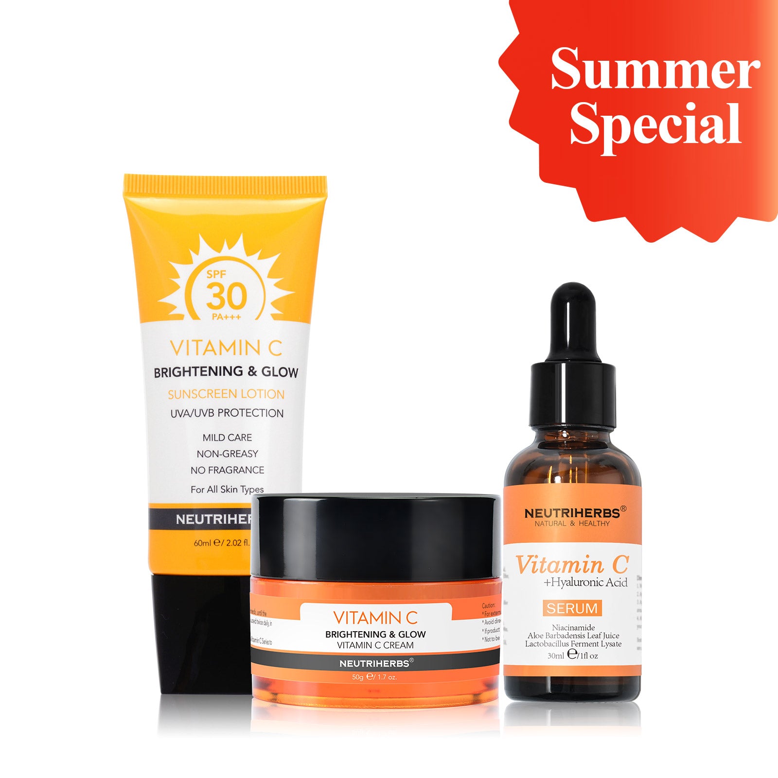 Summer Glow Trio SPF Sunscreen, Vitamin C Serum & Face Cream Set