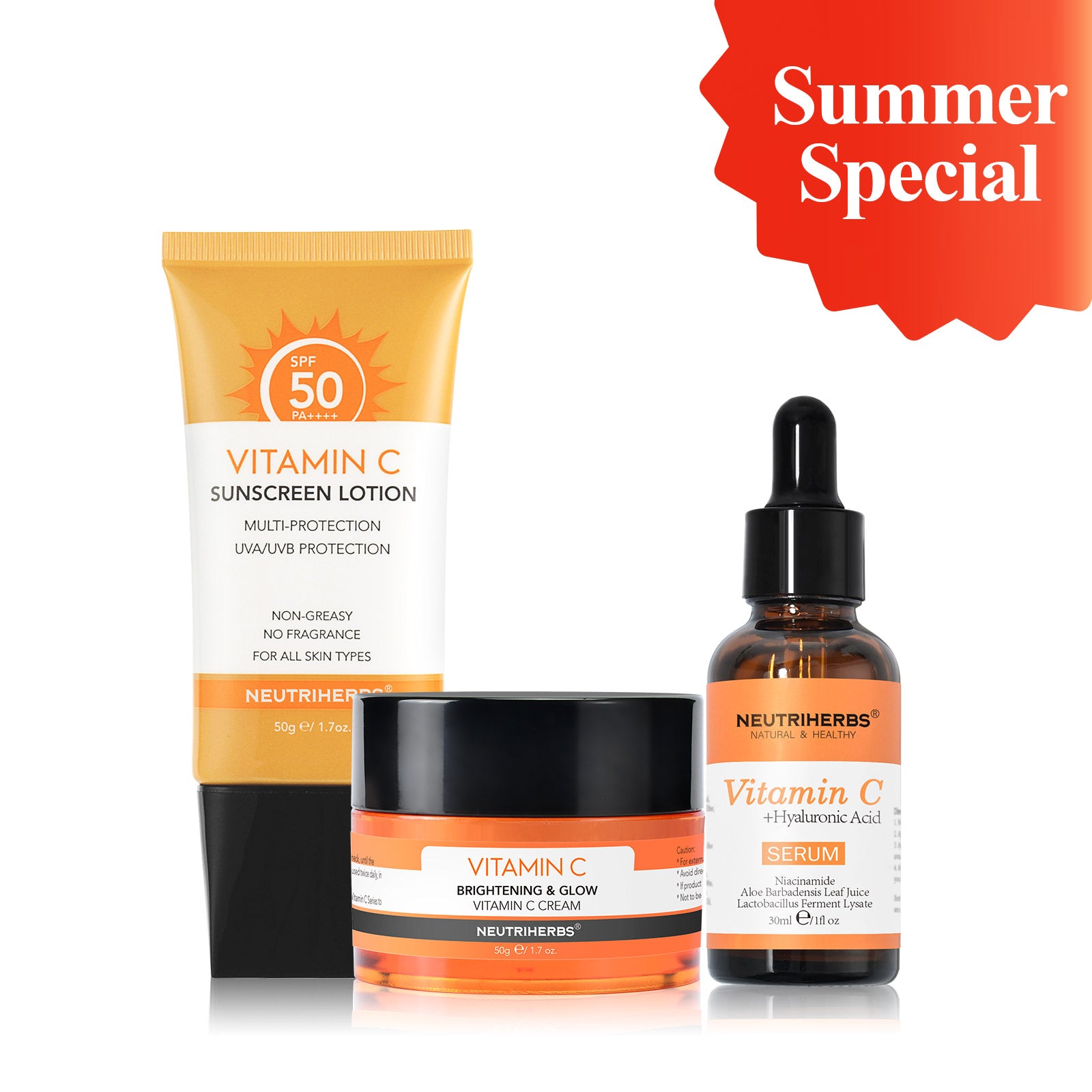 Summer Glow Trio SPF Sunscreen, Vitamin C Serum & Face Cream Set