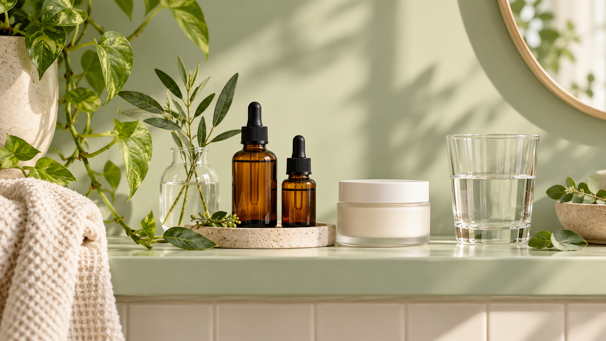 Two unbranded skincare dropper bottles and moisturizer on a softly lit shelf