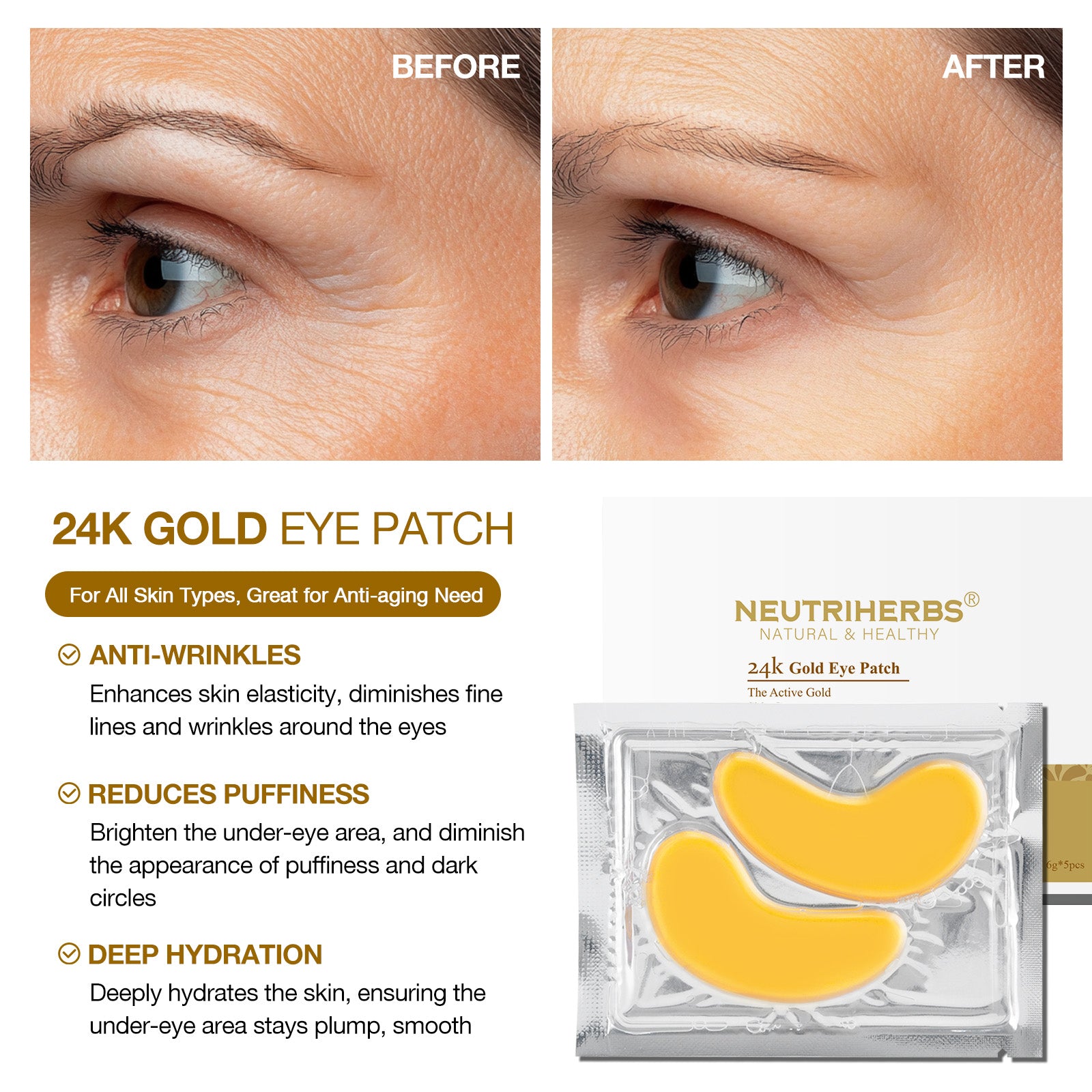 24 Karat Gold Collagen Eye Patch For Anti-Wrinkles | 5 Pairs