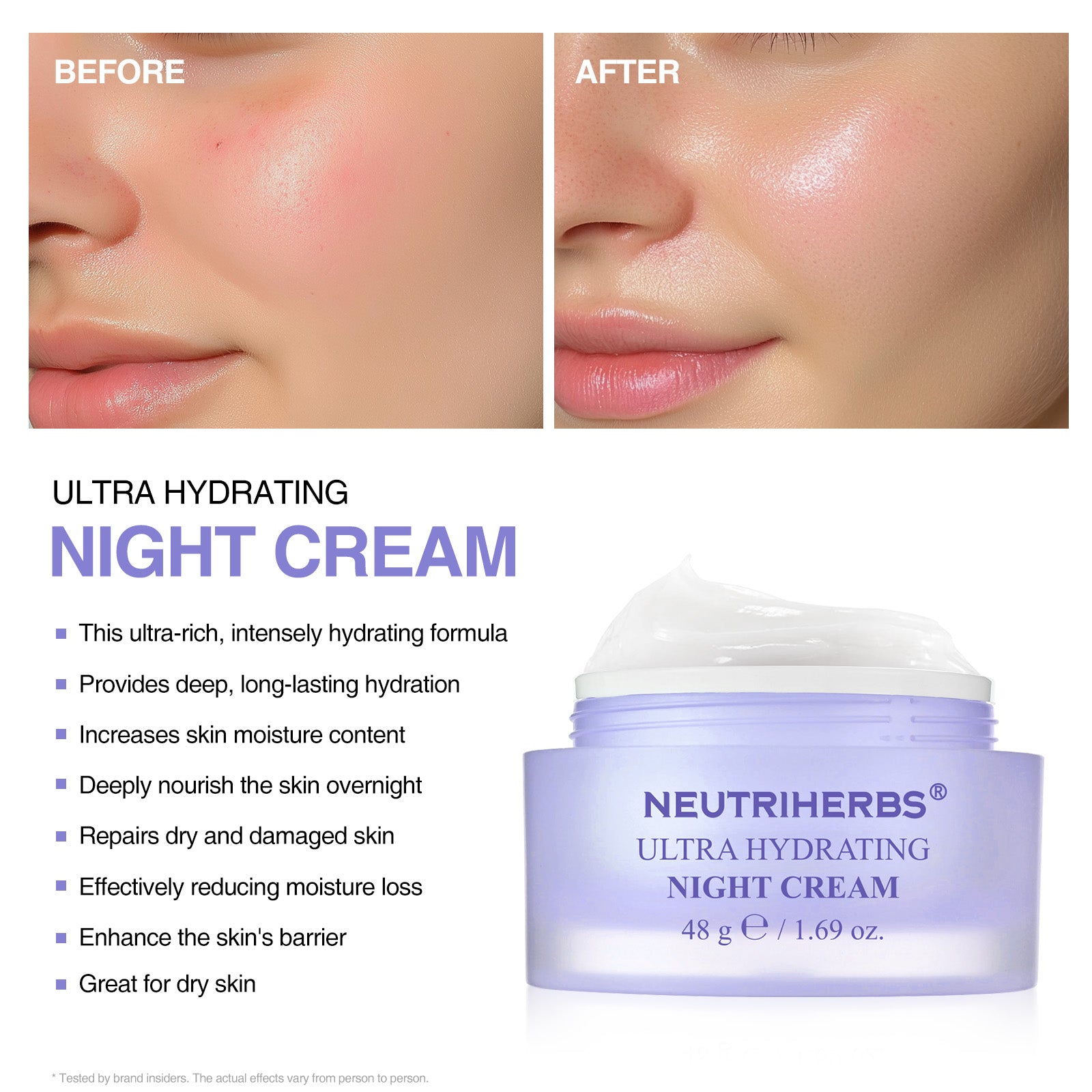 Comparison of night cream before and after use