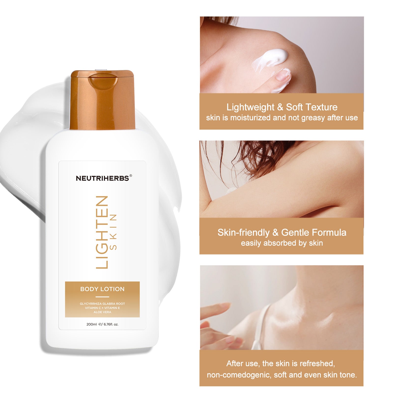 The lighten skin body lotion with skin-friendly &amp; gentle formula has lightweight &amp; soft texture. After use, the skin is refreshed, non-comedogenic, soft and even skin tone.