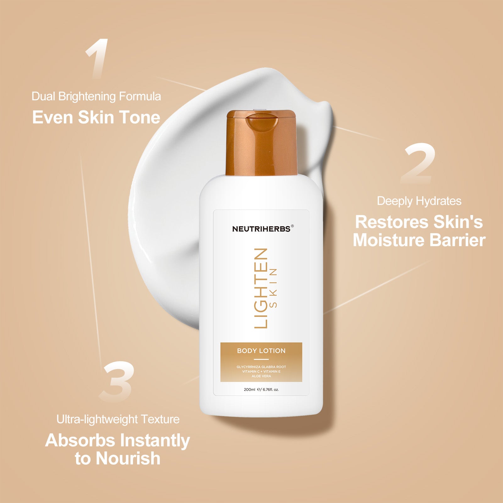 The lighten skin body lotion helps even skin tone, restore skin's moisture barrier and absorb instantly to nourish