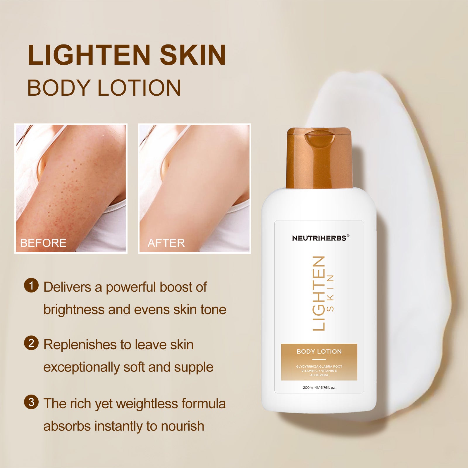 The before and after use of the lighten skin body lotion, delivers a powerful boost of brightness and evens skin tone