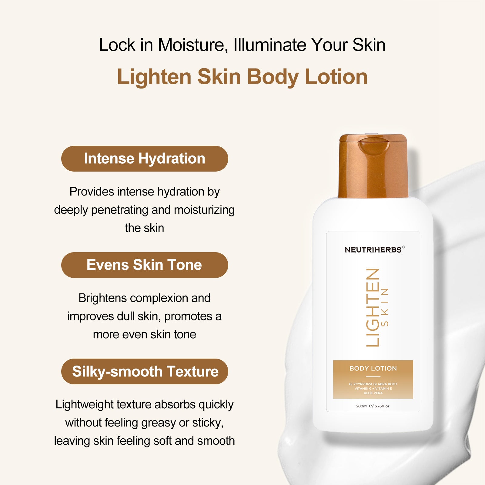 The lighten skin body lotion helps even skin tone, restore skin&#39;s moisture barrier and absorb instantly to nourish