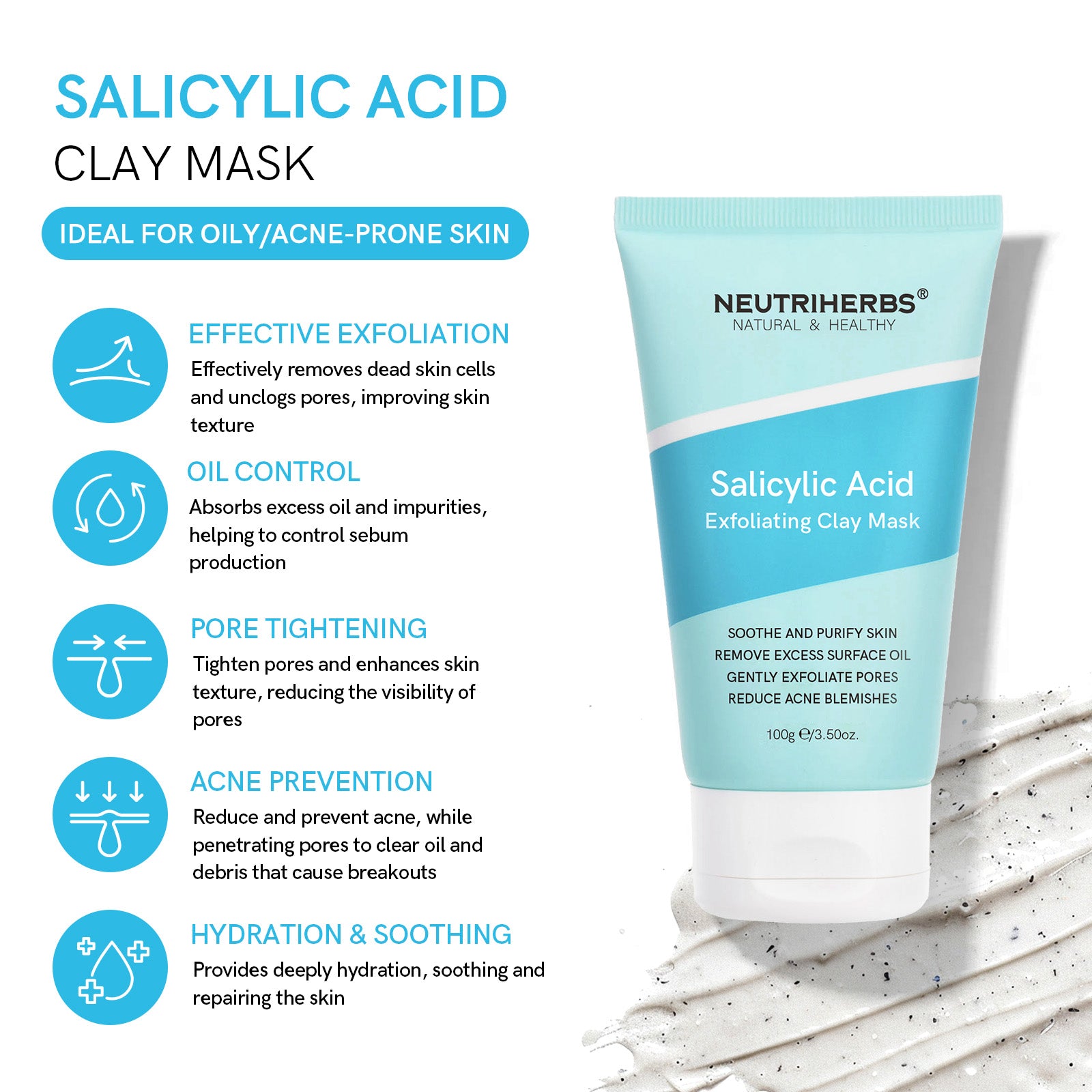 The Salicylic Acid Clay Mask is ideal for oily and acne-prone skin, offering effective exfoliation, oil control, pore tightening, acne prevention, and deep hydration and soothing.