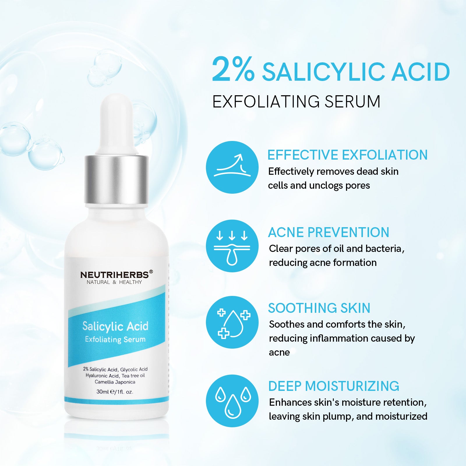 2% Salicylic Acid Exfoliating Serum: Effectively exfoliates, unclogs pores, prevents acne, soothes inflammation, and deeply moisturizes the skin.