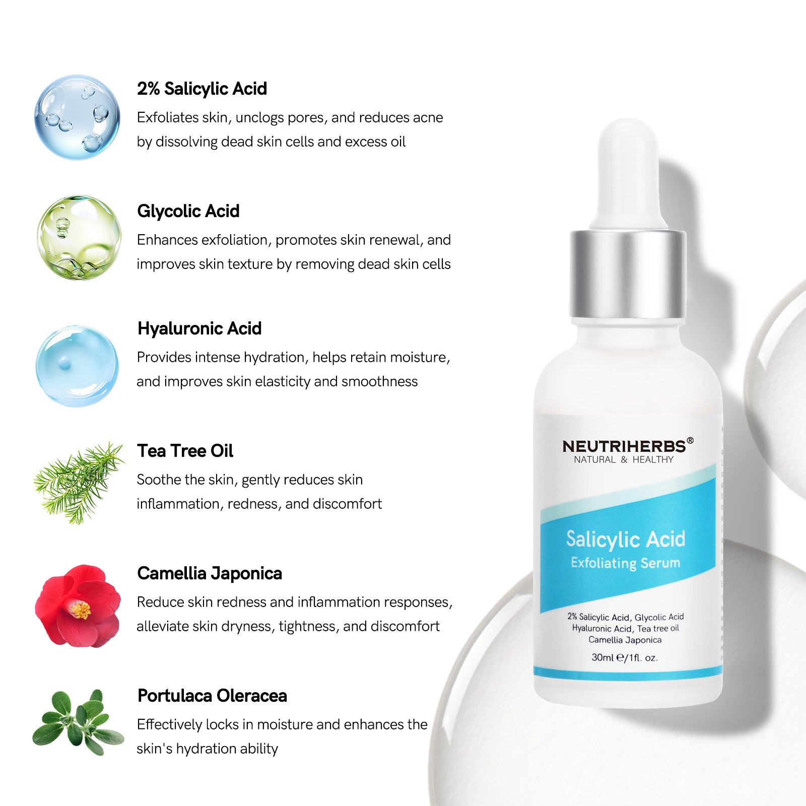 The key ingredients of salicylic acid serum: 2% salicylic acid, glycolic acid, tea tree oil, camellia japoncia, portulaca oleracea