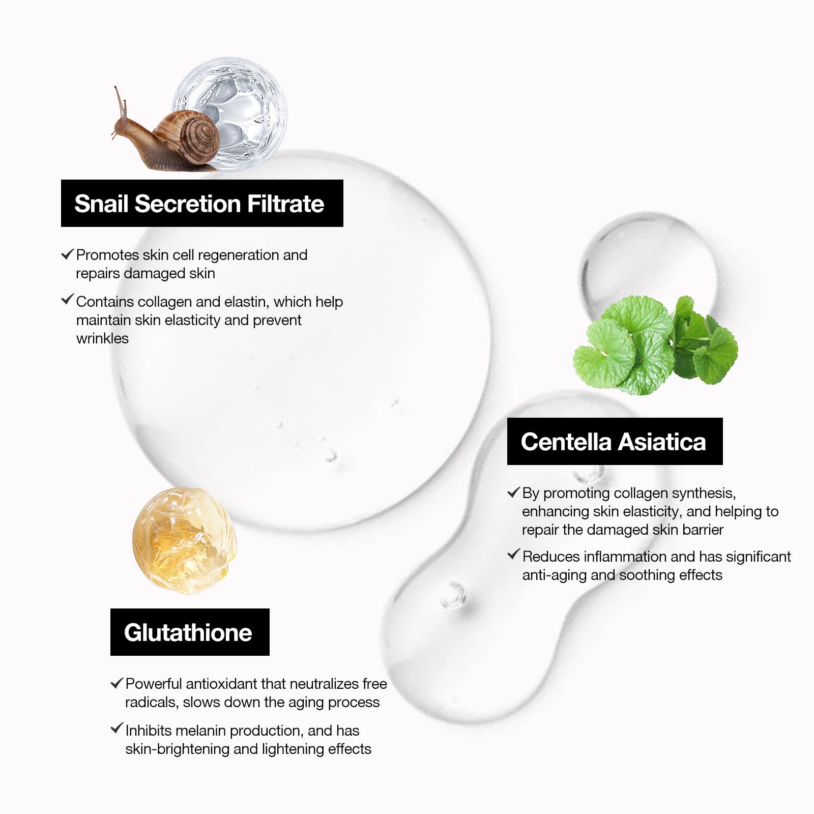 Snail secretion filtrate, Glutathione, and Centella Asiatica are the key ingredients of snail mucin serum