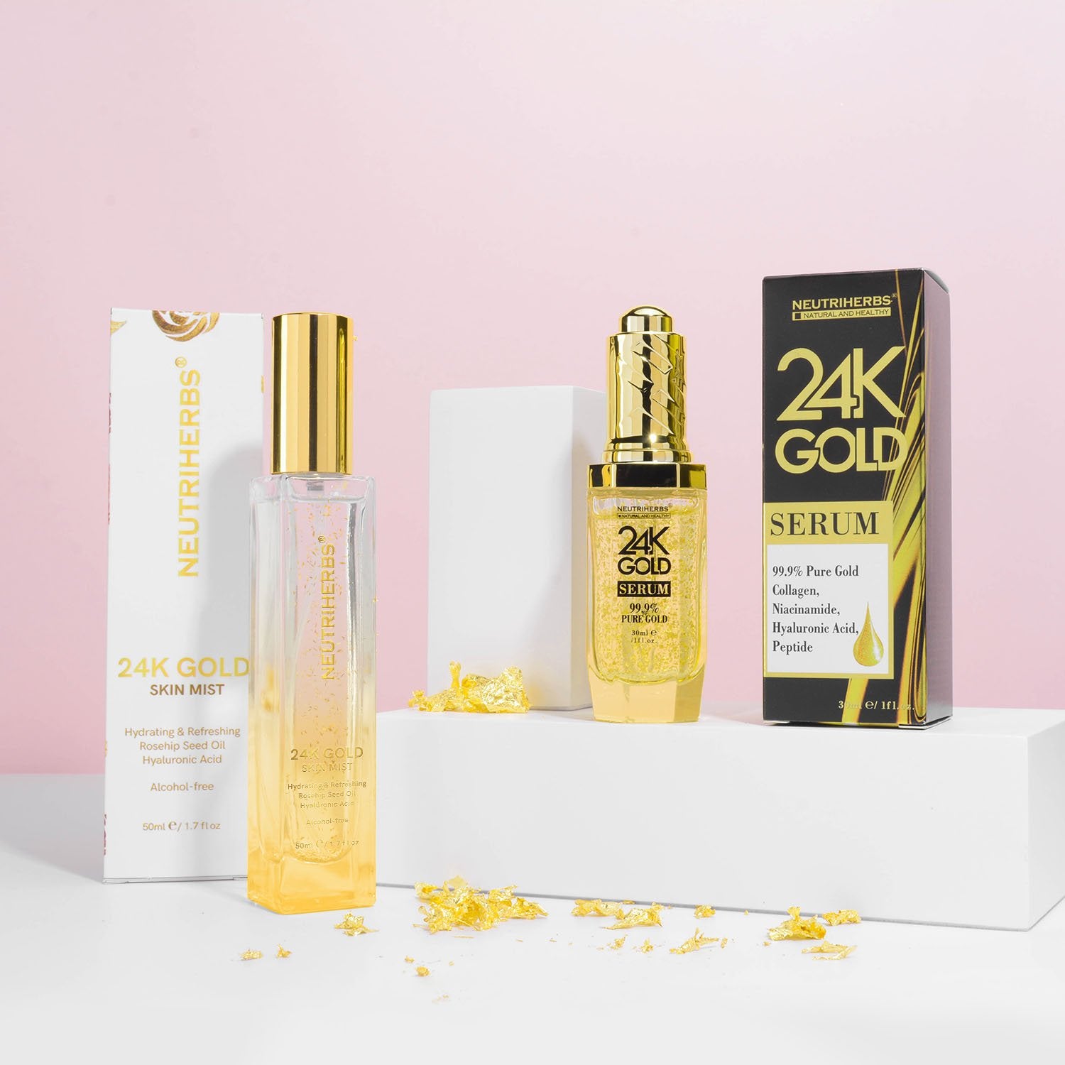 Neutriherbs luxury 24 karat goldzan skincare products - best face serum for anti-aging - rose gold 24k skin mist - hydrating face spray