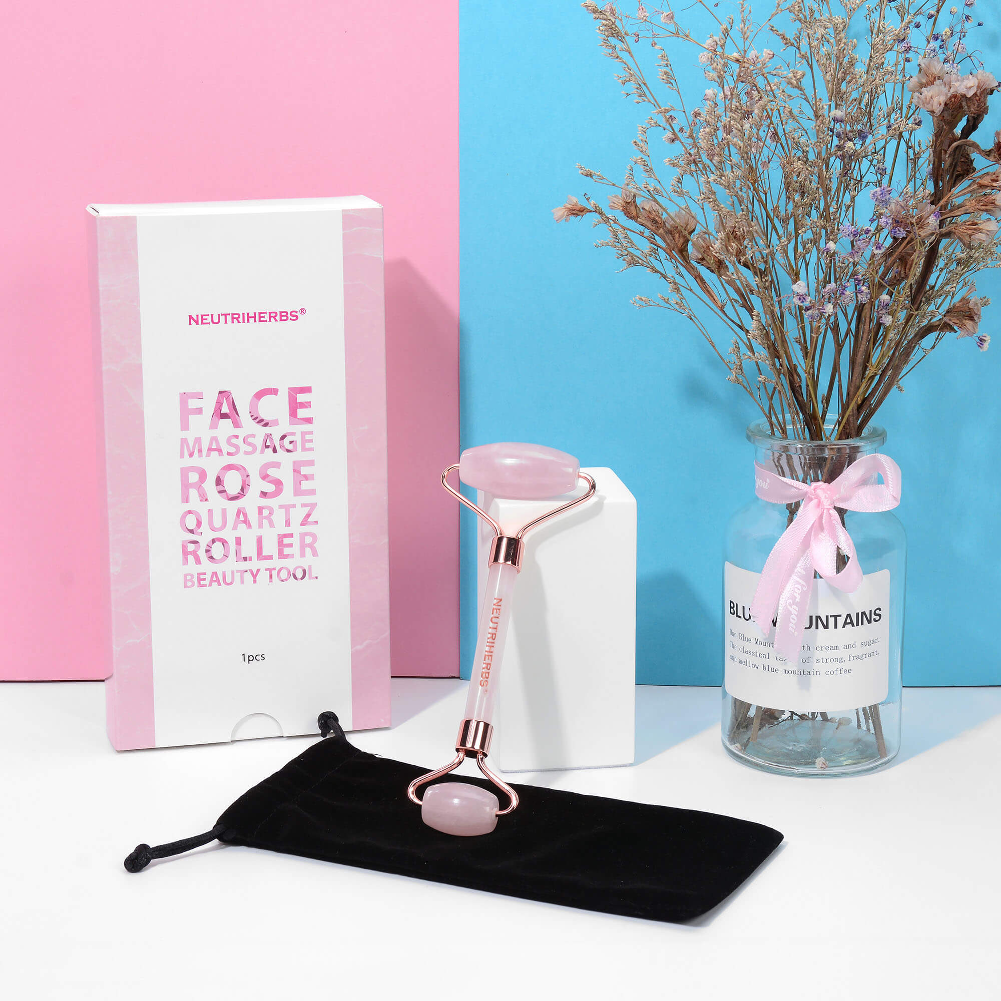 Rose Quartz Jade Gesichtsroller – Doppelseitig, Mit Rosenquarz & Gold, Für Lymphdrainage & Hautstraffung